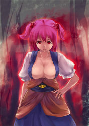 Rule 34 | 1girl, akino komichi, aura, breasts, center opening, cleavage, female focus, hair bobbles, hair ornament, hand on own hip, large breasts, nipple slip, nipples, onozuka komachi, pink hair, red eyes, short twintails, smile, solo, touhou, twintails, two side up