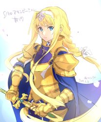 Rule 34 | 1girl, alice zuberg, armor, blonde hair, blue cape, blue eyes, braid, cape, closed mouth, commentary request, dated, floating hair, gold armor, hairband, highres, holding, holding sword, holding weapon, long hair, looking at viewer, serious, sheath, sheathed, sidelocks, sketch, solo, standing, sword, sword art online, sword art online: alicization, tokira nozumi, translation request, twitter username, very long hair, weapon, white hairband