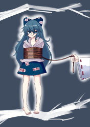 Rule 34 | 2girls, 367gou, arms behind back, bad id, bad pixiv id, barefoot, bdsm, blue bow, blue eyes, blue hair, blue skirt, bondage, bound, bound arms, bow, commentary request, debt, detached sleeves, feet, flying sweatdrops, glowing, hair bow, hakurei reimu, highres, hood, hoodie, long hair, looking to the side, multiple girls, out of frame, restrained, rope, shibari, simple background, skirt, solo focus, standing, toenails, toes, touhou, very long hair, yorigami shion