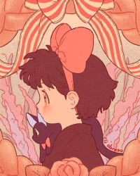 Rule 34 | 1girl, animal, animal on shoulder, black cat, black hair, blush, bow, bowtie, cat, cat on shoulder, closed mouth, cropped, from side, hair behind ear, hair bow, hairband, jiji (majo no takkyuubin), kiki (majo no takkyuubin), looking away, majo no takkyuubin, muted color, paid reward available, pink bow, pink bowtie, portrait, profile, red bow, red bowtie, red eyes, red hairband, ribbon, rii abrego, short hair, signature, striped ribbon, tareme, vertical stripes