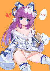 Rule 34 | 1girl, :t, absurdres, ahoge, animal ears, armpit crease, azur lane, bare shoulders, blue eyes, blunt bangs, boots, bow, breasts, chikage (artist), collarbone, commentary request, fake animal ears, fur-trimmed jacket, fur-trimmed sleeves, fur trim, hair bow, head tilt, heart, highres, jacket, legs apart, long hair, long sleeves, looking at viewer, off shoulder, orange background, panties, pom pom (clothes), pout, purple hair, sidelocks, simple background, sleeves past fingers, sleeves past wrists, small breasts, solo, spoken blush, sweater, tashkent (azur lane), thigh boots, thighhighs, thighs, underwear, white footwear, white panties, white thighhighs, wide sleeves