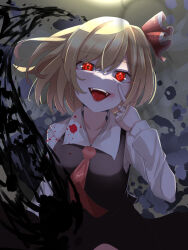 Rule 34 | 1girl, absurdres, ascot, benjamin 1kt, black skirt, black vest, blonde hair, blush, collared shirt, darkness, fangs, hair between eyes, hair ribbon, highres, long sleeves, open mouth, red ascot, red eyes, red ribbon, ribbon, rumia, shirt, short hair, skirt, smile, solo, touhou, vest, white shirt