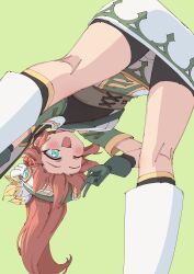 Rule 34 | 1girl, ;d, absurdres, aqua eyes, bent over, bike shorts, black shorts, blush, dress, fang, gloves, green background, green gloves, hat, hat feather, highres, kneepits, legs apart, long hair, maplestory, marksman (maplestory), one eye closed, open mouth, orange hair, rune (dualhart), short sleeves, shorts, simple background, smile, solo, standing, v, white footwear, winged hat