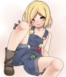 Rule 34 | 1girl, badge, bare arms, bare shoulders, blonde hair, blush, boots, closed mouth, collarbone, fate/grand order, fate (series), female focus, flat chest, gloves, gradient background, highres, knee up, kochiya (gothope), looking at viewer, naked overalls, overalls, paul bunyan (fate), paul bunyan (third ascension) (fate), shiny skin, sitting, smiley face, solo, yellow eyes