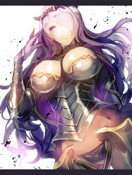 Rule 34 | 1girl, armor, bad id, bad pixiv id, breasts, camilla (fire emblem), cleavage, female focus, fire emblem, fire emblem fates, groin, hair over one eye, large breasts, lips, long hair, looking at viewer, nanosuke, nintendo, parted lips, purple eyes, purple hair, shiny clothes, shiny skin, simple background, smile, solo, very long hair