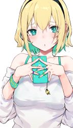 Rule 34 | 1girl, absurdres, amano pikamee, aqua camisole, aqua nails, bare shoulders, black hairband, blonde hair, blush, camisole, eyes visible through hair, fingers together, green eyes, green hair, green nails, hair between eyes, hairband, hews, highres, jewelry, kettle, long sleeves, multicolored hair, nail polish, off-shoulder shirt, off shoulder, open mouth, phone, ring, see-through, shirt, short hair, simple background, solo, spaghetti strap, two-tone hair, virtual youtuber, voms, white background, white shirt