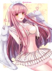 Rule 34 | 1girl, :3, :d, blush, breasts, cape, cleavage cutout, clothing cutout, crown, elbow gloves, fate/grand order, fate (series), frilled skirt, frills, fur trim, gloves, heart, highres, layered skirt, long hair, looking at viewer, medb (fate), medium breasts, navel, open mouth, pleated skirt, sitting, skirt, smile, solo, tanaji, twitter username, white gloves, white skirt, yellow eyes