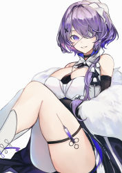 Rule 34 | 1girl, absurdres, arknights, bare shoulders, breasts, cleavage, eyepatch, fanshu, feet out of frame, fur shawl, hair ornament, hair over one eye, highres, knees up, large breasts, long hair, looking at viewer, medical eyepatch, official alternate costume, one eye covered, parted lips, purple eyes, purple hair, shawl, simple background, single leg pantyhose, sitting, skindentation, smile, solo, thigh strap, thighs, whisperain (arknights), whisperain (tremble cold) (arknights), white background, white legwear