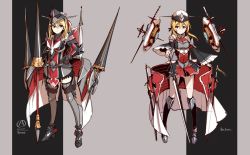 Rule 34 | 10s, 2girls, adapted costume, alternate costume, armor, armored boots, bad id, bad twitter id, bare shoulders, bismarck (kancolle), black background, black socks, blonde hair, boots, character name, detached sleeves, dress, drone, elbow pads, eyebrows, fantasy, frills, full body, green eyes, grey background, grey legwear, hair down, hand on own hip, hat, high heels, highres, kantai collection, knee pads, kneehighs, lance, light smile, long hair, looking at viewer, low twintails, multiple girls, pauldrons, peaked cap, pemu, polearm, pomon illust, prinz eugen (kancolle), short dress, shoulder armor, socks, standing, sword, thighhighs, twintails, underbust, weapon, wide sleeves, zettai ryouiki