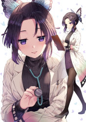 Rule 34 | 1girl, artist name, black hair, black sweater, blush, breasts, brown pantyhose, bug, butterfly, butterfly hair ornament, clipboard, commentary request, forehead, gradient hair, grey footwear, hair ornament, high heels, highres, holding, insect, kimetsu no yaiba, kochou shinobu, lab coat, long sleeves, looking at viewer, medium breasts, multicolored hair, multiple views, open clothes, pantyhose, parted bangs, parted lips, pencil skirt, purple eyes, purple hair, purple skirt, ribbed sweater, rosuuri, shoes, simple background, skirt, stethoscope, sweater, watermark, web address, white background