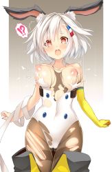 Rule 34 | !?, 1girl, ^^^, animal ear fluff, animal ears, bandages, bare shoulders, blue oath, bouncing breasts, breasts, breasts out, bright pupils, brown pantyhose, cameltoe, character request, collarbone, covered navel, cowboy shot, elbow gloves, embarrassed, gloves, gluteal fold, gradient background, grey background, hair ornament, hairclip, highres, large breasts, leotard, looking down, nipples, pantyhose, rabbit ears, rabbit girl, red eyes, short sleeves, silhouette, single elbow glove, single glove, skindentation, solo, speech bubble, spoken interrobang, surprised, tearing up, tears, thick eyebrows, thigh gap, thighband pantyhose, torn clothes, torn leotard, torn pantyhose, white leotard, yellow gloves, yukizuki chikuba