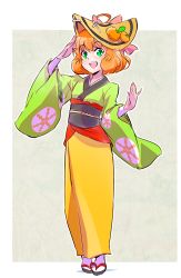 Rule 34 | 1girl, ahoge, android, curly hair, facing viewer, food, freckles, fruit, full body, green eyes, hair ornament, hair ribbon, hands up, happy, hat, highres, iesupa, japanese clothes, kimono, long sleeves, looking at viewer, obi, open mouth, orange (fruit), orange hair, penny polendina, ribbon, rwby, salute, sandals, sash, short hair, smile, socks, solo, standing, teeth, tongue, wide sleeves