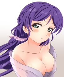 Rule 34 | 10s, 1girl, :o, artist name, artist request, bare shoulders, blush, bonfurai, breasts, cleavage, collarbone, female focus, green eyes, hair ornament, hair scrunchie, highres, long hair, looking at viewer, love live!, love live! school idol project, medium breasts, no bra, parted lips, pink scrunchie, purple hair, scrunchie, shirt, solo, tojo nozomi, twintails, upper body, white background, white shirt
