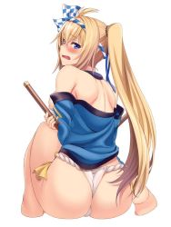 Rule 34 | 10s, 1girl, ahoge, alternate costume, alternate hairstyle, ass, back, bare legs, bare shoulders, barefoot, blonde hair, blue eyes, blue ribbon, blush, commentary request, covering privates, drumsticks, embarrassed, fingernails, from behind, full body, fundoshi, granblue fantasy, hachimaki, hair between eyes, hair ribbon, hair tie, headband, holding, japanese clothes, jeanne d&#039;arc (granblue fantasy), long hair, looking at viewer, looking back, nejiri hachimaki, nose blush, off shoulder, open mouth, ponytail, ribbon, sarashi, sengoku aky, shoulder blades, simple background, sitting, solo, very long hair, wavy mouth, white background