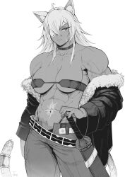 Rule 34 | 1girl, abs, absurdres, ahoge, animal ears, bare shoulders, belt, breasts, cat ears, cat tail, choker, cleavage, closed mouth, collarbone, commentary, dark-skinned female, dark skin, english commentary, eyepatch, facial scar, fur-trimmed jacket, fur trim, ghislaine dedoldia, greyscale, hair between eyes, hand on hilt, highleg, highleg panties, highres, jacket, large breasts, long hair, looking at viewer, monochrome, muscular, muscular female, mushoku tensei, navel, obliques, off shoulder, one-eyed, open belt, open pants, panties, pants, scar, scar on cheek, scar on face, scar on stomach, sheath, sheathed, signature, solo, speedl00ver, sword, tail, tail ornament, tail ring, underboob, underwear, veins, veiny arms, weapon
