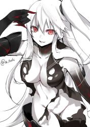 Rule 34 | 10s, 1girl, abyssal ship, aircraft carrier princess, armor, atoshi, bottomless, breasts, claws, cleavage, fingernails, grin, kantai collection, large breasts, long hair, looking afar, looking at viewer, navel, no panties, one side up, pale skin, red eyes, sharp fingernails, side ponytail, simple background, smile, solo, torn clothes, twitter username, very long hair, white background, white hair