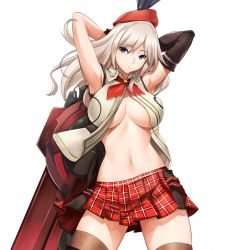 Rule 34 | 10s, 1girl, alisa ilinichina amiella, armpits, arms behind head, arms up, black gloves, black thighhighs, blade, blue eyes, breasts, commission, cowboy shot, elbow gloves, gloves, god eater, hair between eyes, hat, large breasts, legs apart, long hair, looking at viewer, navel, plaid, plaid skirt, pleated skirt, silver hair, simple background, single elbow glove, skirt, solo, sword, thighhighs, tony guisado, underboob, weapon, white background, zettai ryouiki