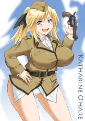 Rule 34 | 1girl, belt, blonde hair, blue eyes, breasts, dakku (ogitsune), female focus, gun, hat, highres, huge breasts, katharine ohare, open mouth, plump, ponytail, smile, solo, strike witches, uniform, weapon, world witches series
