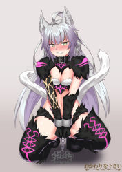 Rule 34 | 1girl, ahoge, animal ears, artist name, atalanta (fate), atalanta alter (fate), blush, breasts, chain, cleavage, clenched teeth, collar, commentary, cowfee, fang, fate/grand order, fate (series), full-face blush, fur, green eyes, long hair, looking at viewer, medium breasts, multiple tails, navel, silver hair, simple background, slit pupils, solo, squatting, tail, teeth, very long hair