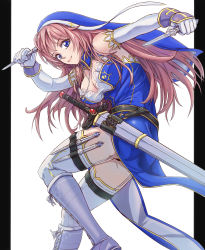 Rule 34 | 1girl, bare shoulders, blue eyes, boots, breasts, brown hair, cleavage, cross-laced footwear, detached sleeves, gloves, habit, highres, jewelry, knife, lace-up boots, large breasts, lips, long hair, necklace, nun, on one knee, smile, solo, sword, thigh strap, thighhighs, throwing knife, toriatto gununu, weapon, white gloves, white thighhighs