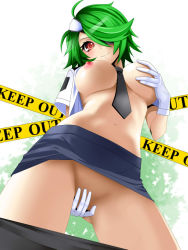 Rule 34 | 1girl, black pantyhose, blush, breasts, caution tape, clothes pull, covering privates, covering crotch, eyepatch, from below, gloves, green hair, hair over one eye, keep out, large breasts, looking at viewer, looking down, necktie, nipples, no panties, open clothes, open shirt, otonashi kiruko, pantyhose, pantyhose pull, pencil skirt, police, caution tape, police uniform, red eyes, shinmai fukei kiruko-san, shirt, short hair, skirt, solo, uniform, whitewill, yellow eyes