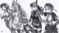 Rule 34 | 1other, 4girls, age difference, age progression, aged up, animal ears, animal hands, ara ara, breasts, child, cleavage, commentary, english commentary, fur, glasses, greyscale, helmet, highres, holding hands, impossible clothes, large breasts, long hair, made in abyss, medium breasts, mitty (made in abyss), mitty (made in abyss) (furry), monochrome, multiple girls, nanachi (made in abyss), navel, ojou-sama pose, onee-shota, prushka, regu (made in abyss), riko (made in abyss), semi-rimless eyewear, short hair, spoilers, tagme, the golden smurf, under-rim eyewear, unitard, weapon, you gonna get raped