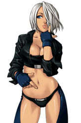 Rule 34 | 1girl, angel (kof), blue eyes, breasts, chaps, cleavage, fingerless gloves, gloves, hair over one eye, jacket, leather, leather jacket, lips, midriff, nakano tomokazu, navel, official art, open clothes, open shirt, shirt, short hair, snk, solo, the king of fighters, the king of fighters neowave, white hair
