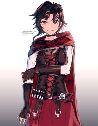 Rule 34 | 1girl, advarcher, belt buckle, black choker, brown gloves, brown hair, buckle, cape, choker, closed mouth, dress, fingerless gloves, flower, gloves, gradient background, grey background, grey eyes, highres, long sleeves, looking at viewer, pinafore dress, red cape, red dress, rose, ruby rose, rwby, shirt, short hair, sleeveless dress, smile, solo, standing, twitter username, white flower, white rose, white shirt