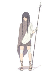 Rule 34 | 1girl, bad id, bad pixiv id, bandages, black hair, blouse, brown eyes, full body, lance, long hair, original, polearm, shirt, shorts, simple background, solo, standing, torn clothes, torn shorts, weapon, white background, white shirt, yohan12