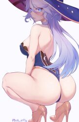 Rule 34 | 1girl, alternate costume, ass, bare shoulders, blue eyes, blue hair, blush, breasts, butt erf1y, cosplay, embarrassed, from behind, furina (genshin impact), genshin impact, hat, high heels, highres, huge ass, leotard, long hair, looking at viewer, medium breasts, mona (genshin impact), mona (genshin impact) (cosplay), sideboob, solo, squatting, thick thighs, thighs, thong, thong leotard, very long hair