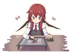 Rule 34 | 1girl, ayase yuuki (mikan mochi), bat wings, black vest, collared shirt, drawing, dress shirt, hair between eyes, head wings, highres, koakuma, long hair, looking down, mouse (computer), necktie, red necktie, shirt, simple background, sitting, smile, solo, stylus, table, tablet pc, touhou, translation request, upper body, vest, white background, white shirt, wings
