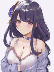Rule 34 | 1girl, alternate costume, ati (user udhn5578), blush, braid, breasts, camisole, casual, cleavage, collarbone, contemporary, eyeliner, flower, genshin impact, hair ornament, highres, jewelry, lace-trimmed camisole, lace trim, large breasts, long hair, long sleeves, looking at viewer, low-braided long hair, low-tied long hair, makeup, mitsudomoe (shape), mole, mole under eye, necklace, pendant, purple camisole, purple eyes, purple flower, purple hair, purple sweater, raiden shogun, simple background, sleeves past wrists, smile, solo, sweater, tomoe (symbol), twitter username, upper body, white background
