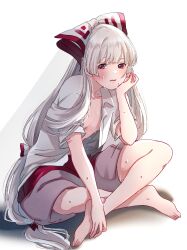 Rule 34 | 1girl, adapted costume, barefoot, bow, breasts, crossed legs, duplicate, feet, fujiwara no mokou, hair bow, hand on own chin, highres, hot, long hair, looking at viewer, mokoiscat, no bra, open clothes, open mouth, open shirt, pixel-perfect duplicate, red bow, red eyes, red shorts, shadow, shirt, shorts, simple background, sitting, small breasts, solo, sweat, touhou, very long hair, white background, white hair, white shirt