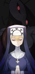 Rule 34 | 1girl, absurdres, blonde hair, closed eyes, cross, cross necklace, double (skullgirls), dual persona, facing viewer, highres, interlocked fingers, jewelry, monster, monster girl, necklace, nun, red eyes, skullgirls, solo, upper body, uron0114