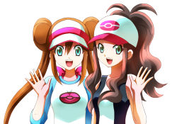 Rule 34 | 10s, 2girls, absurdres, bow, breasts, brown hair, creatures (company), double bun, female focus, game freak, genjuu hirata, green eyes, hair bun, hat, high ponytail, highres, hilda (pokemon), long hair, multiple girls, nintendo, open hand, open mouth, pokemon, pokemon bw, pokemon bw2, rosa (pokemon), sainage, sidelocks, simple background, smile, twintails, upper body, very long hair