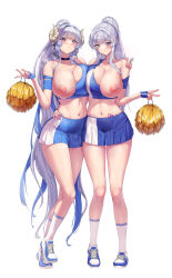 Rule 34 | 2girls, absurdly long hair, absurdres, armband, bare shoulders, between fingers, black choker, blue eyes, blue gloves, blue hair, blue shirt, blue skirt, breasts, bright pupils, cheerleader, choker, cleavage, closed mouth, clothes pull, commission, condom, condom wrapper, crop top, curled horns, embarrassed, fingerless gloves, frown, full body, gloves, gradient hair, hair ribbon, hand on another&#039;s shoulder, hand on another&#039;s waist, heavy breathing, high ponytail, highres, holding, holding pom poms, horns, huge breasts, jinmeii, kneehighs, large areolae, leg up, long hair, looking at viewer, midriff, miniskirt, mole, mole on breast, multicolored hair, multiple girls, navel, nipples, no bra, original, pleated skirt, pointy ears, pom pom (cheerleading), pom poms, ponytail, ribbon, sex toy, shirt, shirt pull, shoes, sidelocks, skirt, sleeveless, sleeveless shirt, sneakers, socks, standing, standing on one leg, stomach, strap slip, sweat, tank top, thighs, two-tone hair, two-tone skirt, v, very long hair, vibrator, vibrator under clothes, white hair, white socks
