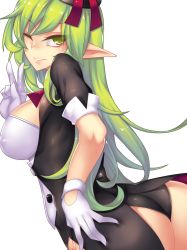 Rule 34 | 1girl, ;d, ass, breasts, covered erect nipples, elf, elsword, eyebrows, fi-san, fingernails, gloves, green eyes, green hair, highres, large breasts, leotard, long fingernails, long hair, looking at viewer, matching hair/eyes, nipples, one eye closed, open mouth, pointy ears, red ribbon, rena erindel, ribbon, short sleeves, smile, solo, transparent background, upper body, v, white gloves