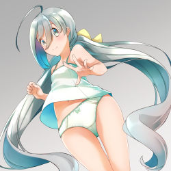 Rule 34 | 1girl, ahoge, bare arms, bare shoulders, blue hair, blush, cameltoe, closed mouth, comah, dutch angle, from below, gradient background, gradient hair, green panties, grey background, grey hair, hair between eyes, kantai collection, kiyoshimo (kancolle), long hair, looking at viewer, looking down, low twintails, multicolored hair, navel, panties, polka dot, polka dot panties, smile, solo, standing, tareme, thigh gap, thighs, twintails, underwear, underwear only, very long hair