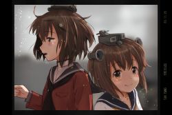 Rule 34 | 2girls, blue sailor collar, blush, brown eyes, brown hair, brown neckerchief, brown sailor collar, character name, closed mouth, dated, dress, dual persona, hair between eyes, hair ornament, highres, kantai collection, long sleeves, multiple girls, neckerchief, open mouth, red shirt, sailor collar, sailor dress, sailor shirt, shiki no miko, shirt, short hair, smile, tan yang (kancolle), white dress, yellow neckerchief, yukikaze (kancolle)