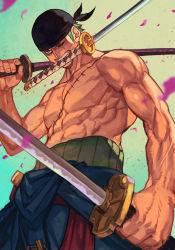 Rule 34 | 1boy, abs, bandana, bare pectorals, clothes around waist, dual wielding, falling petals, green hair, holding, holding sword, holding weapon, hungry clicker, katana, male focus, mouth hold, multiple scars, muscular, muscular male, one eye closed, one piece, pants, pectorals, petals, roronoa zoro, scar, scar across eye, scar on chest, shirt, shirt around waist, short hair, solo, sword, topless male, triple wielding, weapon