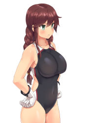 Rule 34 | 1girl, absurdres, bad id, bad pixiv id, black one-piece swimsuit, braid, breasts, brown hair, competition swimsuit, covered navel, gloves, green eyes, hands on own hips, highres, kantai collection, large breasts, long hair, md5 mismatch, noshiro (kancolle), one-piece swimsuit, osananajimi neko, parted lips, resolution mismatch, simple background, solo, standing, swept bangs, swimsuit, twin braids, white background, white gloves