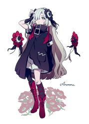 Rule 34 | 1girl, anemone (flower), arm up, asymmetrical footwear, asymmetrical legwear, asymmetrical sleeves, black coat, black flower, black gloves, boots, coat, creature, expressionless, familiar, fingerless gloves, flower, full body, gloves, grey eyes, grey hair, hair flower, hair ornament, hair over one eye, high heel boots, high heels, highres, isekai joucho, kamitsubaki studio, long hair, looking at viewer, lowlay60, multicolored hair, red eyes, red footwear, shorts, single fingerless glove, solo, two-tone hair, uneven sleeves, very long hair, virtual youtuber, white background, white shorts