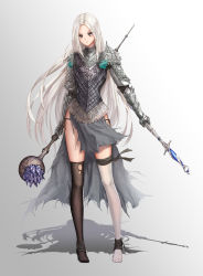 Rule 34 | 1girl, absurdres, armor, black thighhighs, elden ring, grey eyes, highres, holding, holding weapon, long hair, looking at viewer, mage staff, no shoes, non-web source, original, standing, tarnished (elden ring), thighhighs, very long hair, weapon, white hair, white thighhighs, yuzuriha (atelier liang)