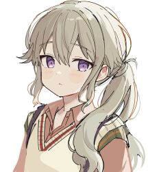 Rule 34 | 1girl, blush, closed mouth, collared shirt, commentary request, grey hair, hair between eyes, highres, kusanagi nene, long hair, looking at viewer, pjmiyo, ponytail, project sekai, purple eyes, shirt, solo, sweater vest, wavy hair, white background