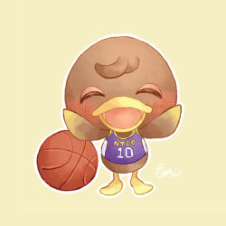 Rule 34 | 1boy, animal crossing, artist name, ball, basketball, basketball (object), bill (animal crossing), bird, blush, closed eyes, duck, furry, furry male, male focus, mata, nintendo, open mouth, solo, yellow background
