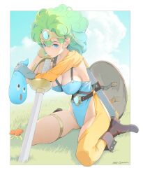 Rule 34 | 1girl, asymmetrical clothes, belt, blue eyes, blue gemstone, blue leotard, boots, breasts, cacn, circlet, closed mouth, cloud, curly hair, detached sleeves, dragon quest, dragon quest iv, forehead jewel, gem, green hair, heroine (dq4), highleg, highleg leotard, highres, leotard, looking at viewer, medium breasts, on grass, orange sleeves, orange thighhighs, shield, shoulder belt, single detached sleeve, single thighhigh, sitting, slime (dragon quest), sword, thighhighs, thighlet, wariza, weapon