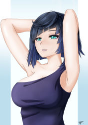 Rule 34 | 1girl, absurdres, aqua eyes, armpits, arms behind head, arms up, bare arms, bare shoulders, blue hair, blue shirt, blunt bangs, bob cut, breasts, cleavage, commentary, falkonsflight, genshin impact, grin, highres, large breasts, parted lips, shirt, short hair, single-shoulder shirt, single strap, smile, solo, upper body, yelan (genshin impact)