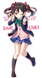 Rule 34 | 1girl, :d, black footwear, black hair, black socks, blue jacket, blue skirt, blush, bow, collared shirt, full body, hair bow, heart, highres, jacket, long sleeves, looking at viewer, love live!, love live! school idol project, m/, nico nico nii, one eye closed, open clothes, open jacket, open mouth, outline, pink jacket, pink outline, pleated skirt, red bow, red eyes, school uniform, shirabi, shirt, shoes, skirt, smile, socks, solo, standing, standing on one leg, twintails, white background, white shirt, wing collar, yazawa nico