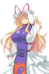 Rule 34 | 1girl, arm up, armband, blonde hair, breasts, dress, flame print, frilled dress, frills, half-closed eyes, hand in own hair, hand on own hip, hat, hat ribbon, huge breasts, impossible clothes, impossible dress, long hair, long sleeves, looking at viewer, mob cap, mokkori9, one eye closed, purple eyes, ribbon, simple background, smirk, solo, tabard, taut clothes, taut dress, touhou, very long hair, white background, white dress, yakumo yukari, yin yang
