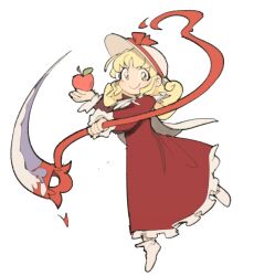 Rule 34 | 1girl, apple, blonde hair, cape, closed mouth, commentary, dress, elly (touhou), english commentary, food, frilled dress, frilled sleeves, frills, fruit, full body, hat, hat ribbon, highres, holding, holding scythe, long dress, long hair, long sleeves, looking at viewer, red apple, red dress, red ribbon, ribbon, scythe, simple background, smile, socks, solo, temmie chang, touhou, white background, white cape, white hat, white socks, yellow eyes